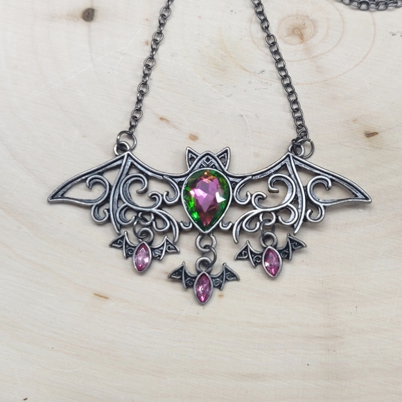 Pink & Green Antiqued Mama Bat Necklace - Picture 4 of 7